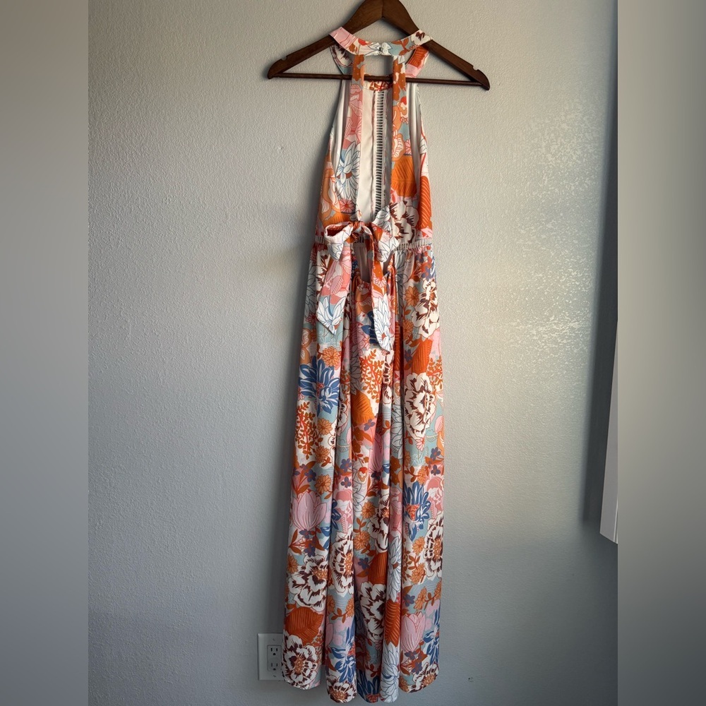 Zesica Halter Neck Maxi Summer Dress Floral Backless Orange/Blue Cruise Size S - Picture 4 of 8